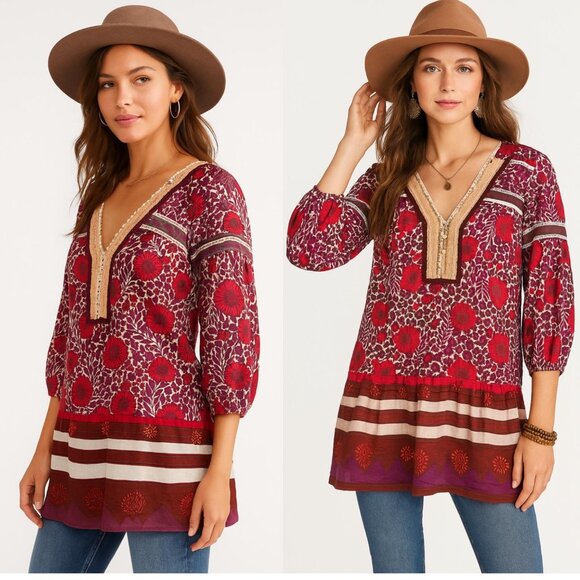 Free People Sweet Poland Floral Tunic Linen Blend Boho Peasant Top XS Red Purple - Picture 3 of 14